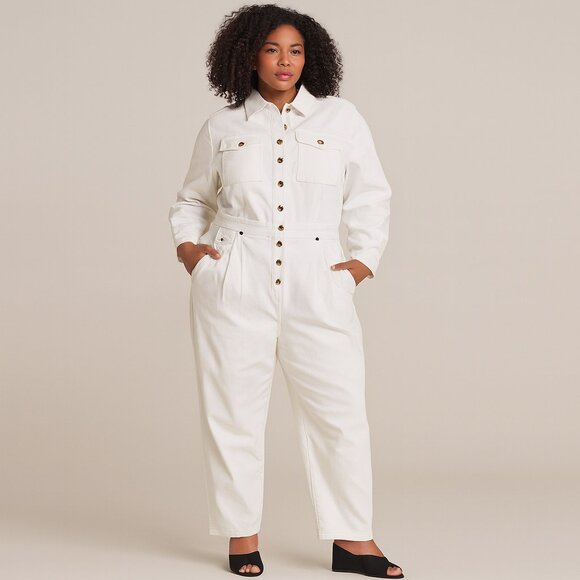 NWT Eloquii Denim White Jumpsuit Size 14 Gold Hardware $159 - Picture 1 of 13
